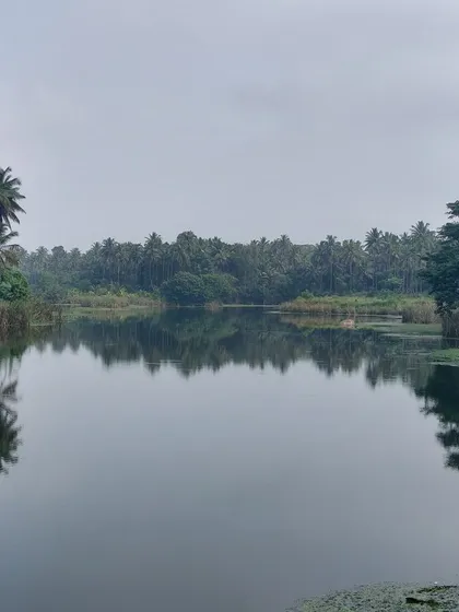 The still, reflective waters of a reservoir on the 'Reservoir Dogs' route. The tour connects several beautiful water bodies in the Ramanagara region.