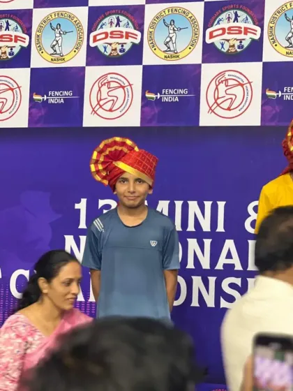 Divyansh Punia on the podium after winning a Silver Medal at the Mini U-12 National Fencing Championship in Nashik. His performance against national competition was outstanding.