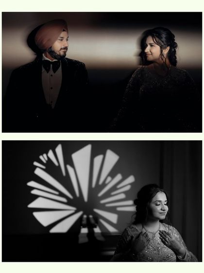 A diptych of artistic portraits using creative lighting. The top image shows the couple in a shared gaze, while the bottom captures the bride in a moment of serene reflection.