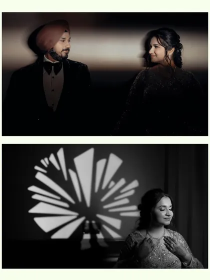 A diptych featuring a moody, artistic portrait of the couple and a solo shot of the bride, Ravleen, using patterned light for a creative effect.