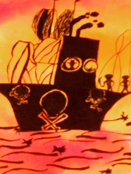 A pirate ship at sunset. This beautiful silhouette art in watercolor was created by one of my talented 9-year-old students.