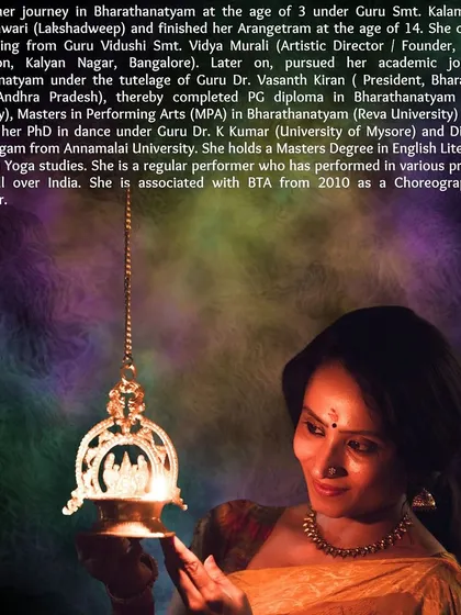 We are proud to have experienced instructors and choreographers as part of our team. This brochure excerpt introduces one of our gurus, detailing her extensive journey in Bharatanatyam.
