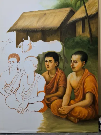 An in-progress shot where you can see the contrast between the sketched outlines and the fully painted figures. The scene is coming together, with the students attentively listening to their teacher.