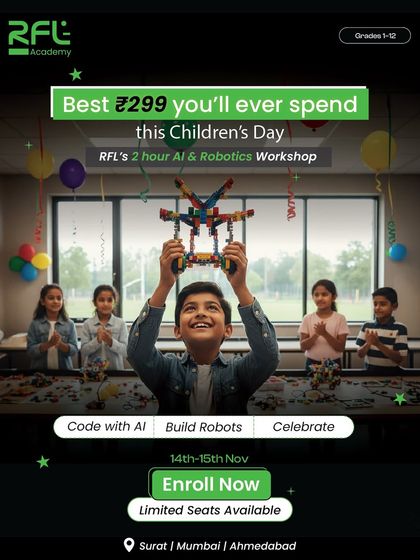 For just ₹299, your child can have an unforgettable Children's Day at our 2-hour AI & Robotics Workshop, where they will code, build, and celebrate.