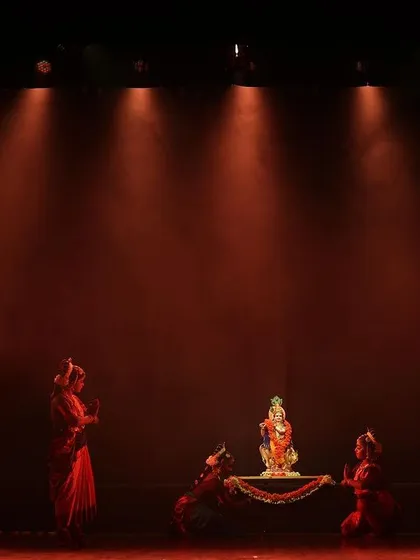 A scene of devotion from "Nrithya Milanam 2023", where dancers pay homage to a Ganesha idol. Our performances are always rooted in Bhakti and reverence.