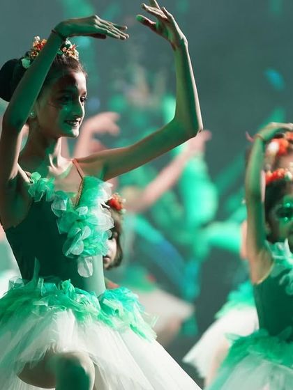 Our mystical flora dancers in their beautiful green and white tutus. The costumes are designed to enhance the choreography and the theme of the scene.