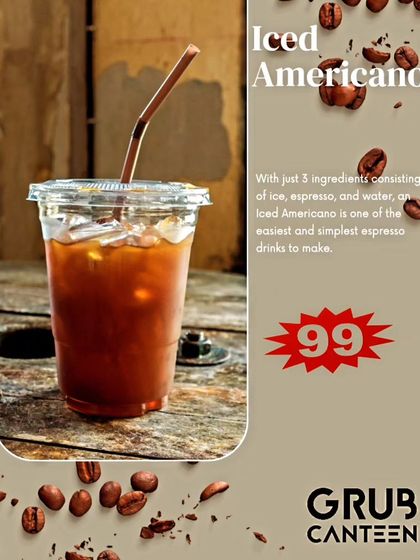 A promotional graphic for my Iced Americano. It highlights the simple, refreshing ingredients of ice, espresso, and water, available at an affordable price.
