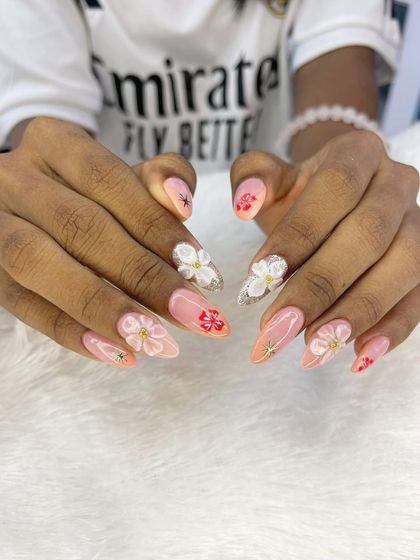 A beautiful floral set with a mix of textures. It combines hand-painted red flowers with sculpted 3D white and pink flowers, all on a soft, shimmery base.