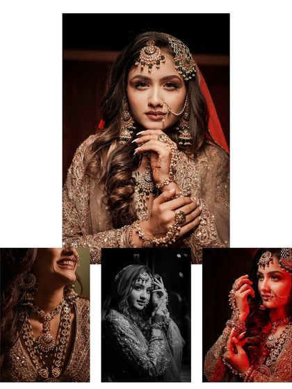 A collage of a model showcasing a royal bridal look, including a black and white shot and one with dramatic red lighting.
