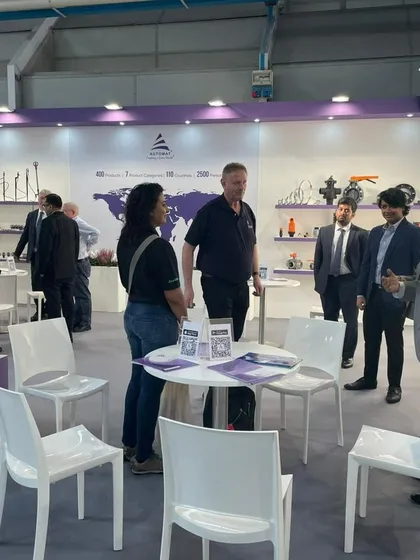An overview of our team interacting with guests at the EIMA stall. The open and accessible layout encourages visitors to explore our products.