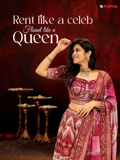 Rent like a celeb, flaunt like a queen. This graphic uses the maroon lehenga to convey a message of smart, aspirational fashion.