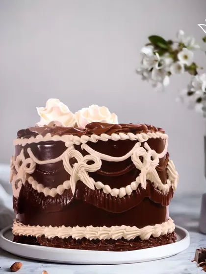 An elegant chocolate cake with delicate white and beige buttercream piping. This sophisticated design is a beautiful example of classic cake artistry.