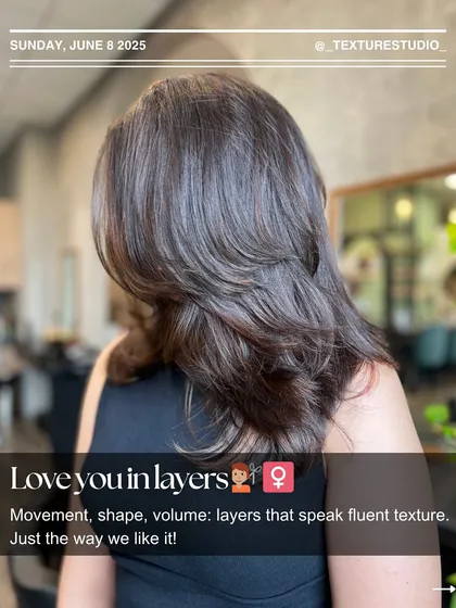 Love you in layers. This cut is all about creating movement, shape, and volume that speaks fluent texture.