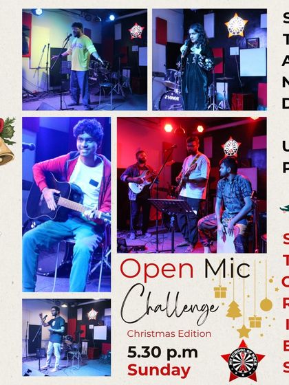The poster for our "Jingle Bell Rock" Christmas Edition Open Mic Challenge, inviting festive and merry performances.