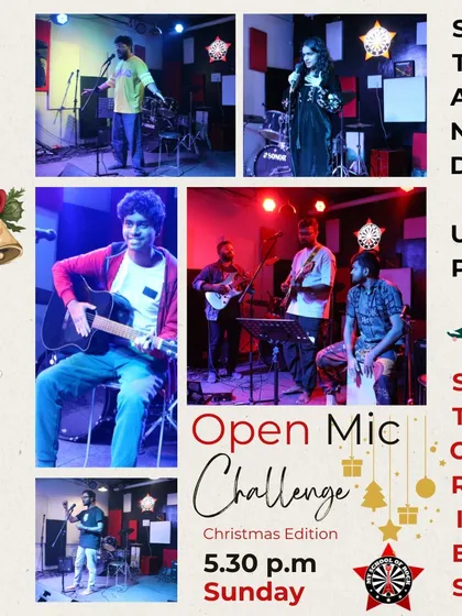 The poster for our "Jingle Bell Rock" Christmas Edition Open Mic Challenge, inviting festive and merry performances.