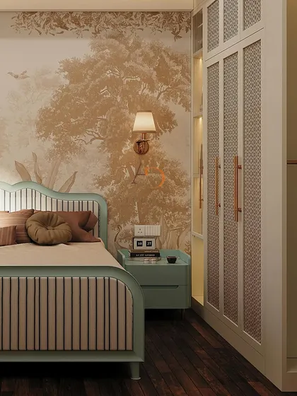 A side view of the bedroom, highlighting the detailed craftsmanship of the custom wardrobe and its integration with the bedside unit. The warm, concealed lighting adds a cozy and intimate glow to the space.