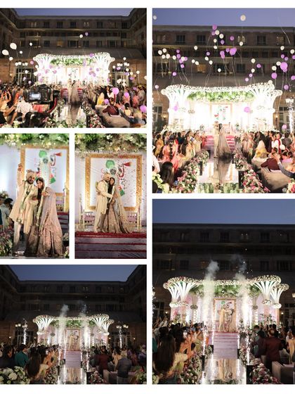 A collage capturing the magical moments of an outdoor wedding. It shows the grand stage, the beautiful aisle, and the couple's entry, all part of a cohesive and elegant white and pastel decor theme.