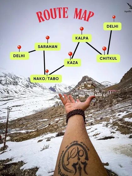 This route map shows our complete Spiti Valley circuit, starting from Delhi and covering Sarahan, Chitkul, Nako/Tabo, Kaza, and Kalpa.