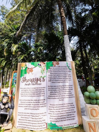 A personalized storybook entrance for Shourya's jungle adventure, sharing sweet details about his first year.
