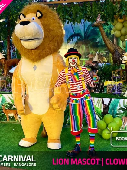 Double the fun! Our friendly Lion mascot and a colorful juggling clown are the perfect pair to bring smiles and laughter to your jungle-themed or carnival-themed celebration.
