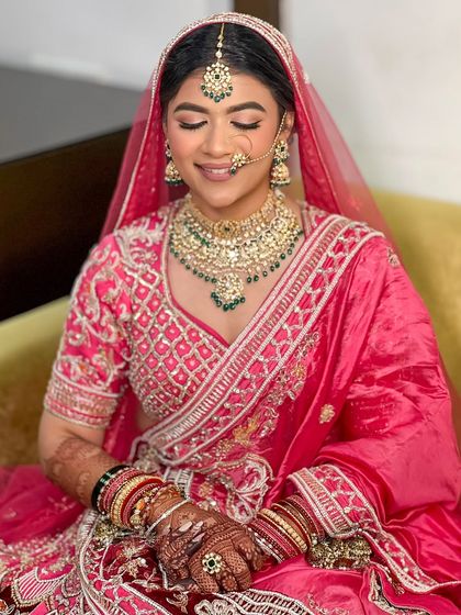 The complete look, with the bride looking serene and beautiful, ready for her wedding ceremony.