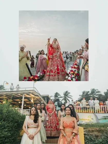 A collage showing the bride's grand entry with her bridesmaids at her Goa beach wedding.