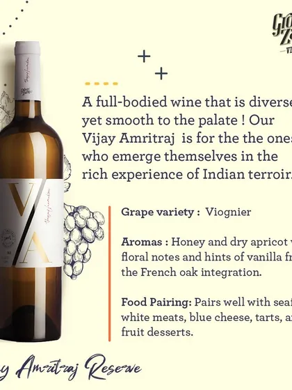 A duplicate of 123, this image highlights the rich experience of Indian terroir found in our Vijay Amritraj Reserve white wine.