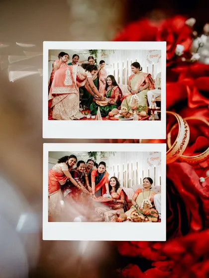 A creative polaroid-style collage showing family rituals and blessings during the engagement. The red roses and rings in the background add a touch of romance to the traditional moments.