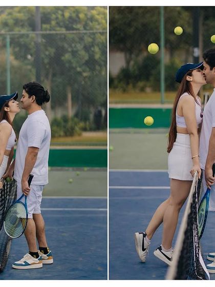 A sweet kiss over the tennis net. This photo combines the theme of the shoot with a classic romantic gesture, creating a memorable and personal portrait.