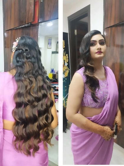 A collage showing the front and back of a side-swept hairstyle with voluminous waves. The hair is adorned with a delicate pink floral accessory.