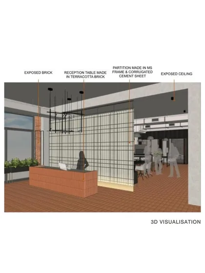A 3D visualization of the student housing reception, detailing the material palette. It shows the interplay of the terracotta brick desk, the mild steel partition with corrugated sheets, and the exposed ceiling.