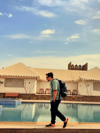 A candid shot of Johaan by the pool at our destination venue. Life on the road as touring musicians is part of our story.