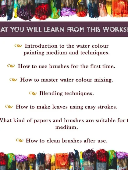 This graphic outlines the core skills you will learn in my watercolor workshop. We cover everything from an introduction to the medium to brush care, so you feel confident to continue painting on your own.