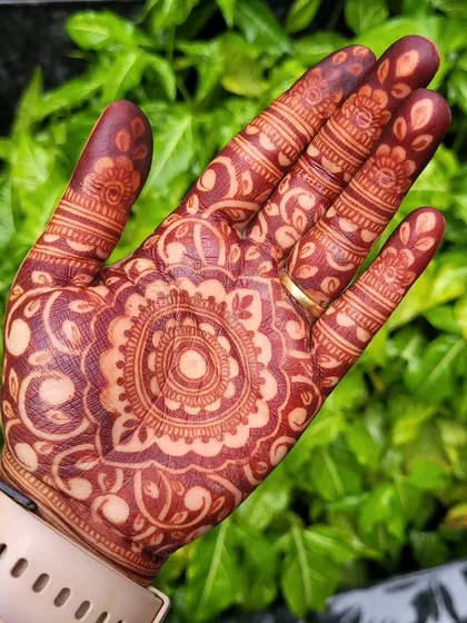 The final stain is everything. This photo shows the beautiful, deep reddish-brown color you can expect from my all-natural, organic henna paste after it has fully developed.