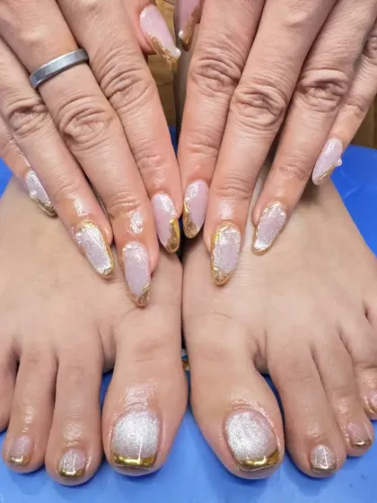 We do pedicures too! This client got a matching set for her hands and feet, featuring a beautiful cat eye polish with gold chrome French tips.