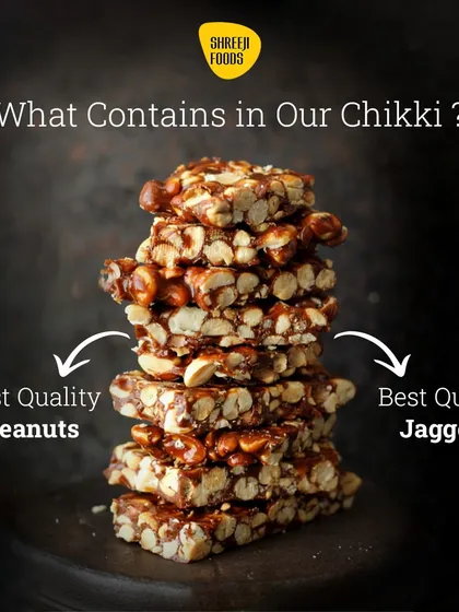 I make my Peanut Chikki the old-fashioned way. Only the best quality peanuts and pure jaggery, nothing else. You can see the rich texture and whole peanuts packed into every single bar.