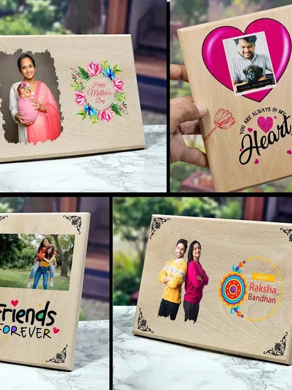 More examples of my custom wooden plaques, with themes for Mother's Day, Raksha Bandhan, friendship, and a romantic heart design.