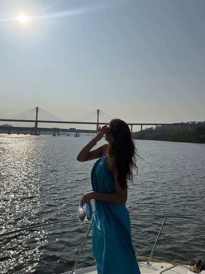 Enjoying the view of the bridge from the yacht.