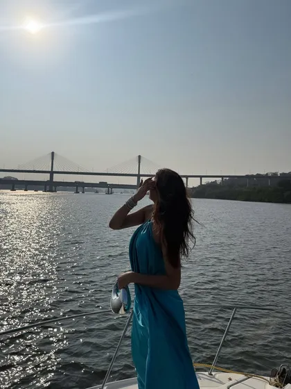 Enjoying the view of the bridge from the yacht.