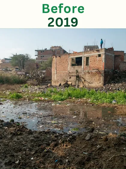 Before 2019, the Sikanderpur Pahadi pond was a polluted cesspool surrounded by illegal construction and waste. This image captures the state of decay before our intervention.
