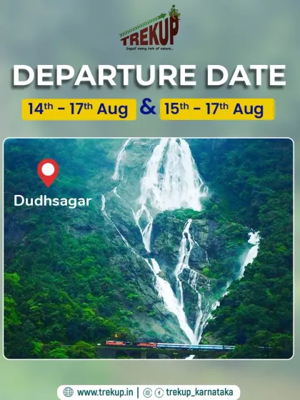 A promotional card for the Dudhsagar trek, with departure dates for the August long weekend.