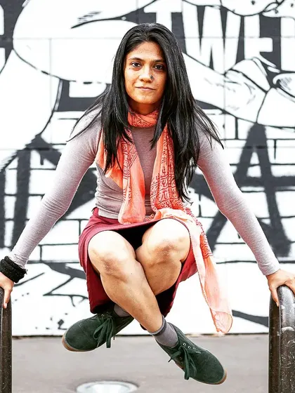 A playful moment of balance. Yoga isn't always serious; it's also about finding joy and lightness in movement. Consistency is the key to making progress.