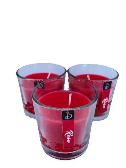 These are my classic rose-scented candles in clear glass jars. The vibrant red wax not only looks beautiful but also releases a lovely floral fragrance when lit.