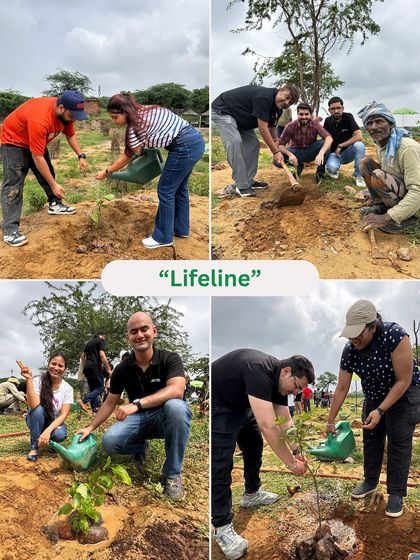 This collage, labeled "Lifeline," shows OSTTRA employees digging, planting, and watering, creating a lifeline for Gurgaon's urban ecosystem.