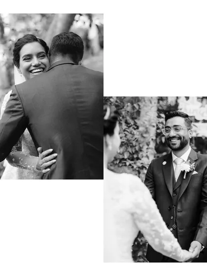 A collage showing the progression of a hug during the couple's first look. These in-between moments, full of smiles and happy tears, are just as important as the big events.