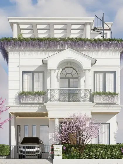 For this home on the outskirts of Bengaluru, we created a paradise for a slower pace of life. The French neoclassical inspired elevation, with its elegant arches, clean white palette, and integrated greenery, provides a sense of calm and timeless beauty amidst a developing landscape.