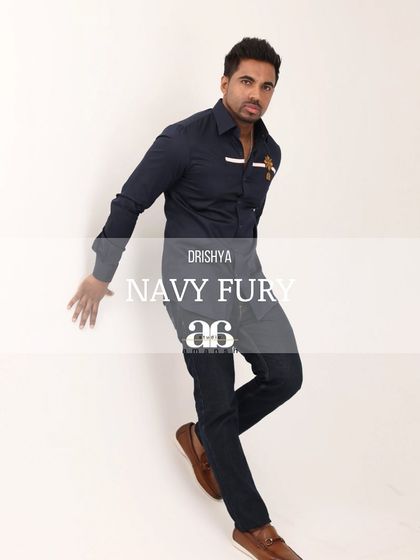 A full-length, dynamic pose that showcases the shirt's excellent fit and fashionable design. The text overlay "Navy Fury" gives the piece a strong identity.