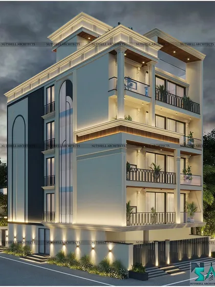 A classical facade design defined by symmetry and elegant detailing. We incorporated traditional arched window frames and decorative railings, using modern lighting techniques to highlight the cornices and vertical lines of the building at night.