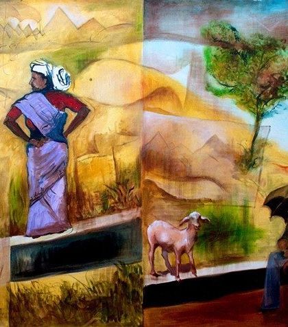Ranjana Ramchander's paintings present idyllic scenes from everyday life. This diptych contrasts two moments in a rural landscape, telling a quiet story about work, rest, and the environment.