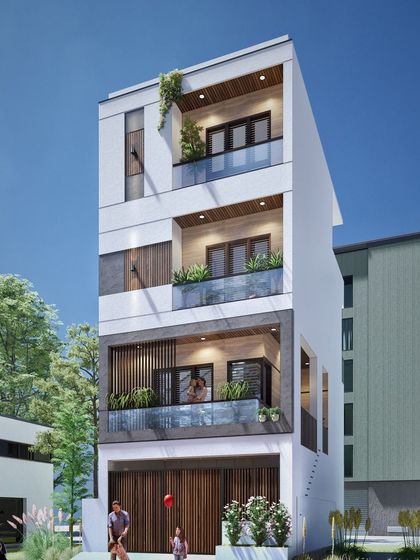 A simple and clean elevation for a multi-story residential building, featuring recessed balconies with greenery for a touch of nature.